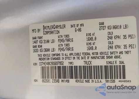 2006 Dodge Dakota Slt z USA, uszkodzony, nr VIN 1D7HE48K26S697952